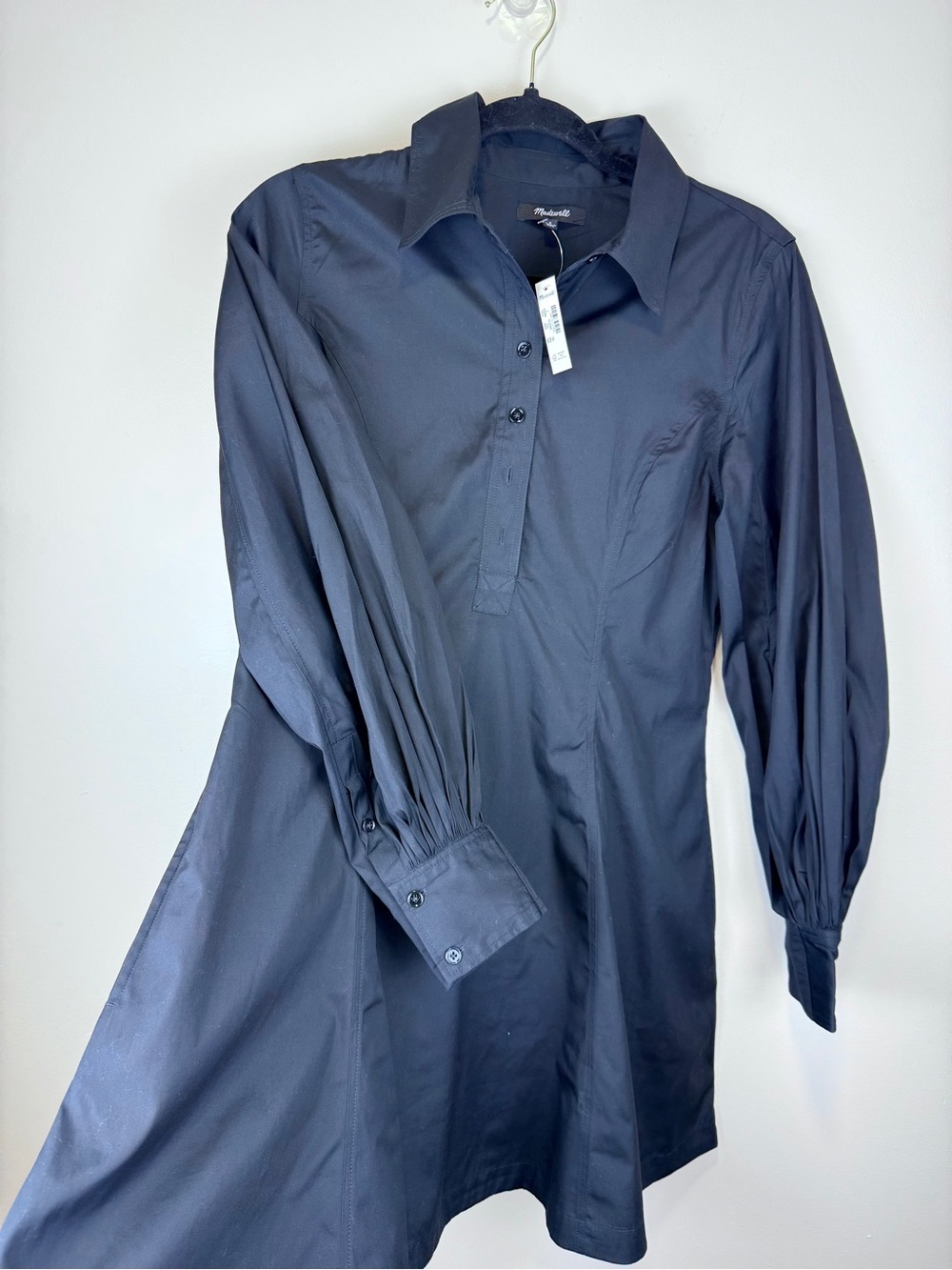 NWT Madewell Cotton Poplin Mini Shirt Dress Black Balloon Sleeve Size 2 - Picture 6 of 12